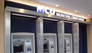Municipal Credit Union: MCU blue and white ATM machines with silver partitions