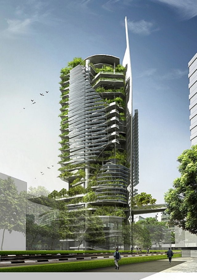 Buildings- Potential city tourist site of a futuristic vertical farm.