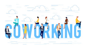 Coworking. Business concept with young people using laptops and smartphones. Can be used in the design of the site header, banners, posters. Vector illustration.