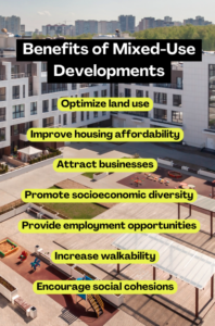 Benefits of Mixed-Use Developments: Optimize land use Improve housing affordability Attract businesses & employment opportunities Promote socioeconomic diversity & inclusivity Increase walkability Encourage social cohesion