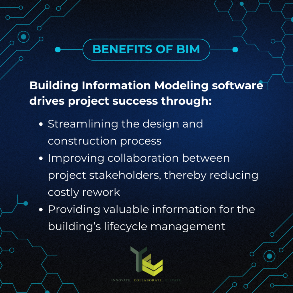 Benefits of BIM Building Information Modeling include a streamlined design and construction process, improved collaboration between project stakeholders, thereby reducing costly rework, and the gain of valuable information for the building’s lifecycle management 